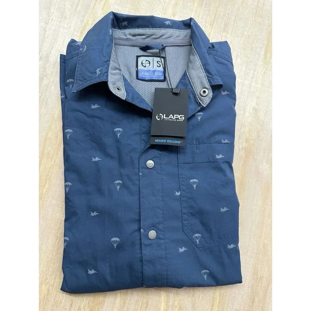 LA Police Gear Drop Zone Shirt Mens Small Midnight Blue Parachute Print DZ-BU